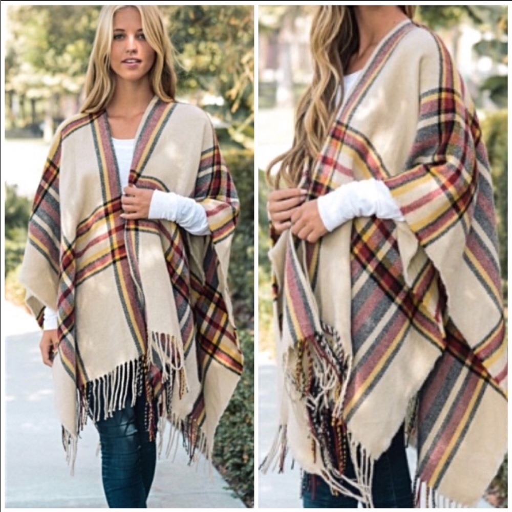 Classic Plaid Ruana Poncho Scarf Tassel Fringe - Picture 1 of 5